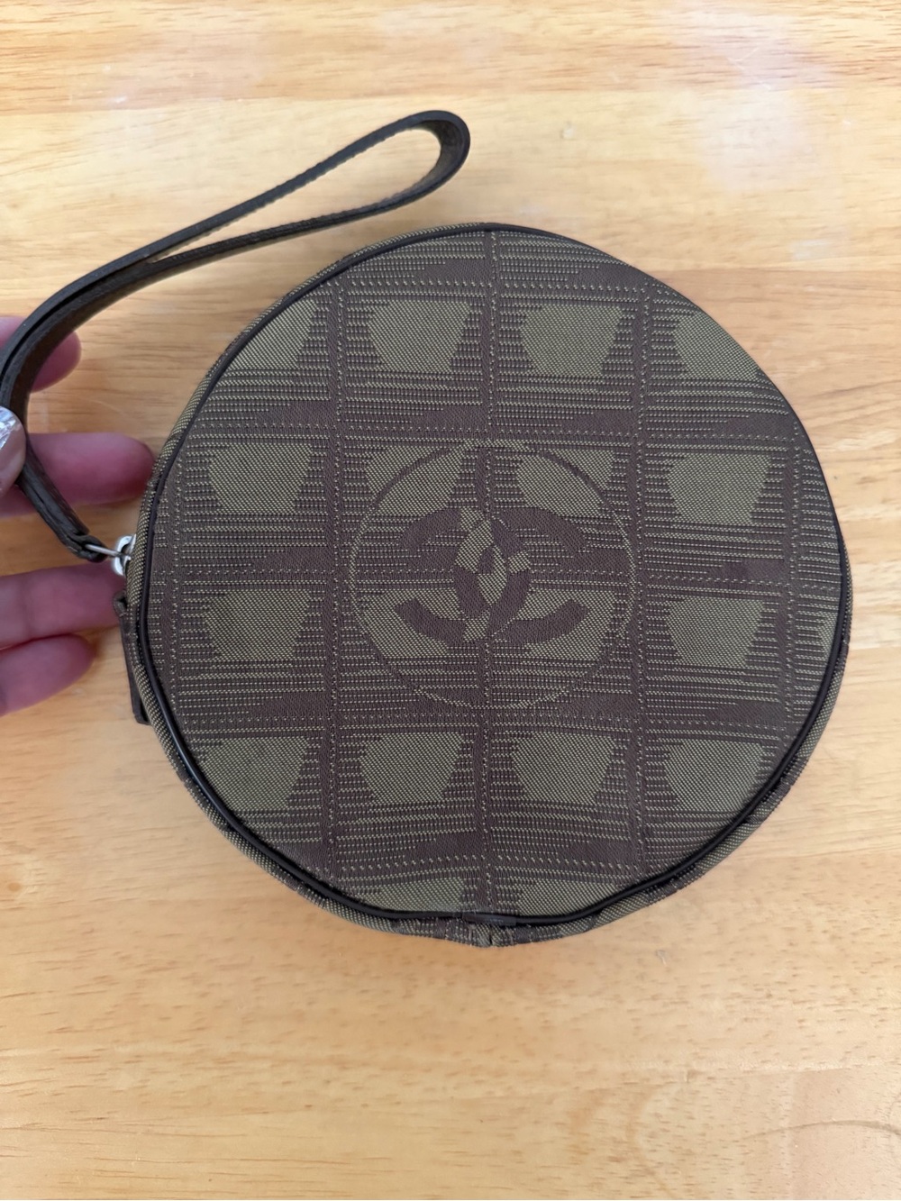 CHANEL Brown Round Wristlet Pouch with CC Logo